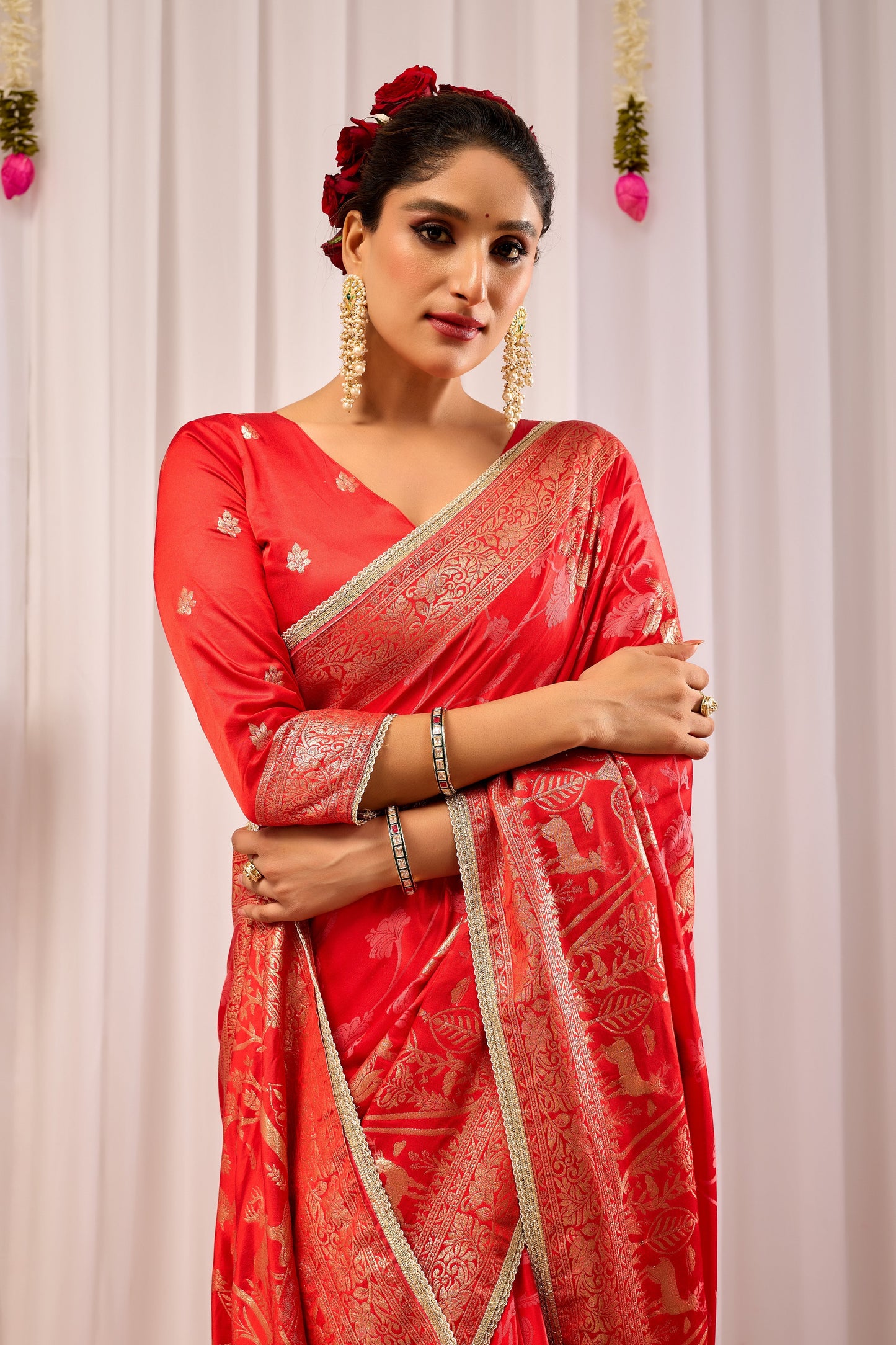 Crimson Elegance Satin Silk Saree with Golden Zari Detailing