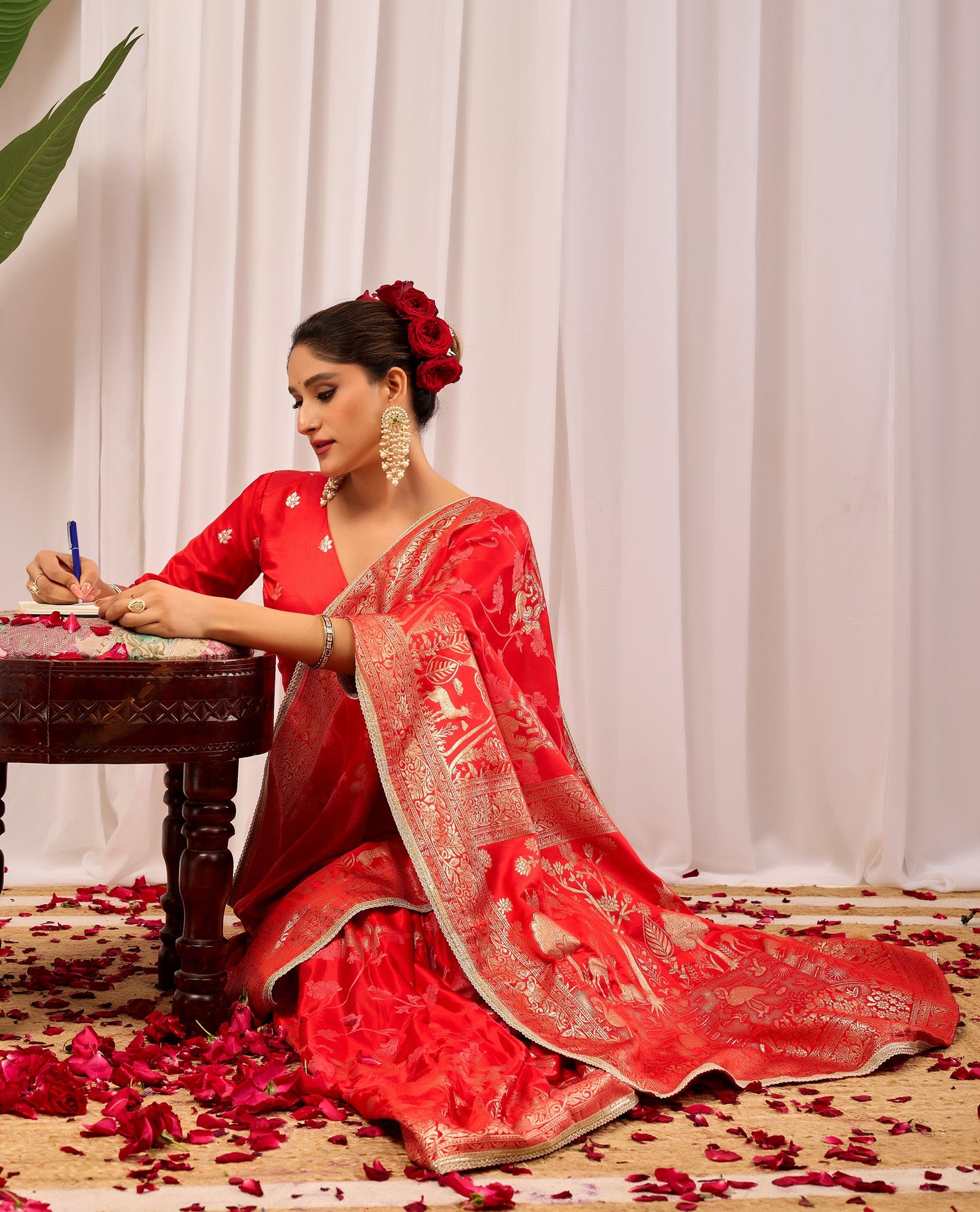 Crimson Elegance Satin Silk Saree with Golden Zari Detailing