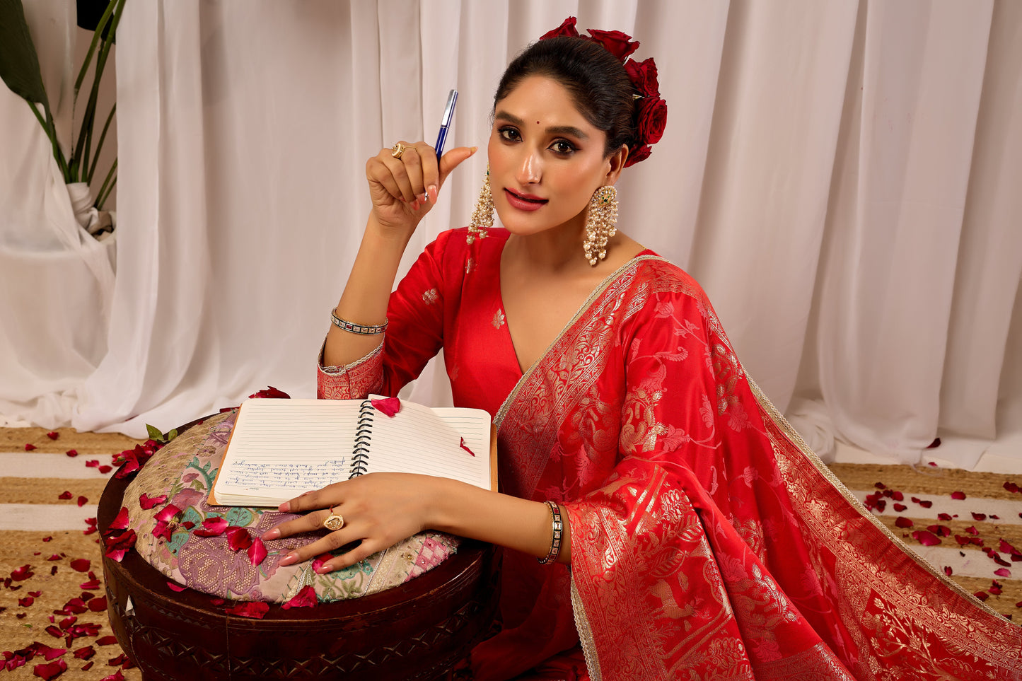 Crimson Elegance Satin Silk Saree with Golden Zari Detailing