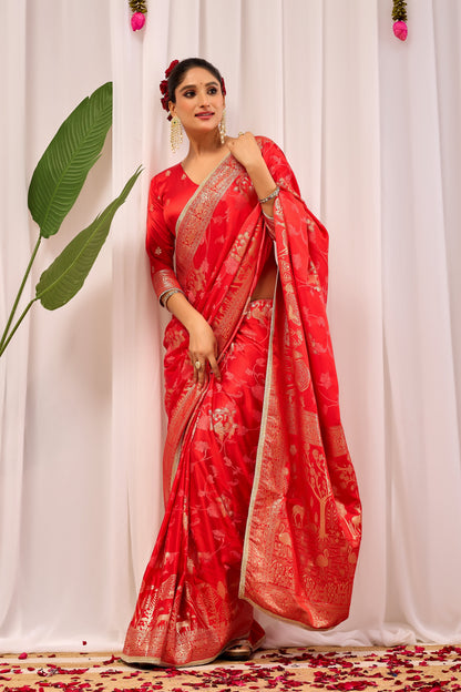 Crimson Elegance Satin Silk Saree with Golden Zari Detailing