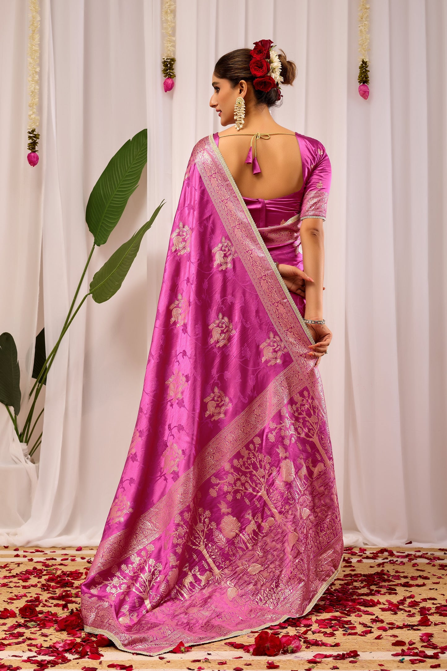 Royal Orchid Pink Satin Silk Saree with Intricate Gold Zari Border