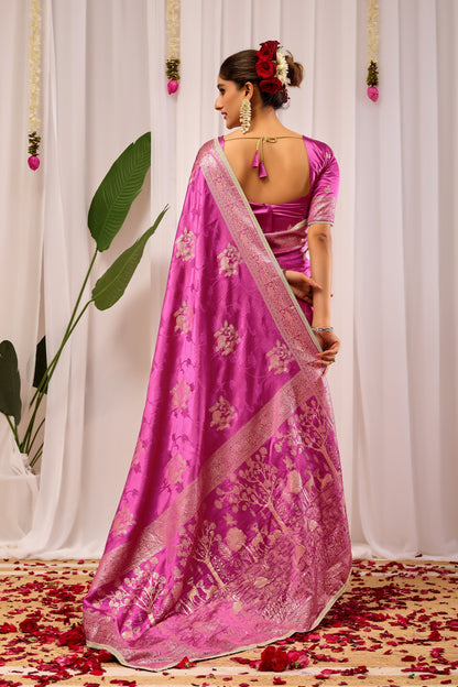 Royal Orchid Pink Satin Silk Saree with Intricate Gold Zari Border