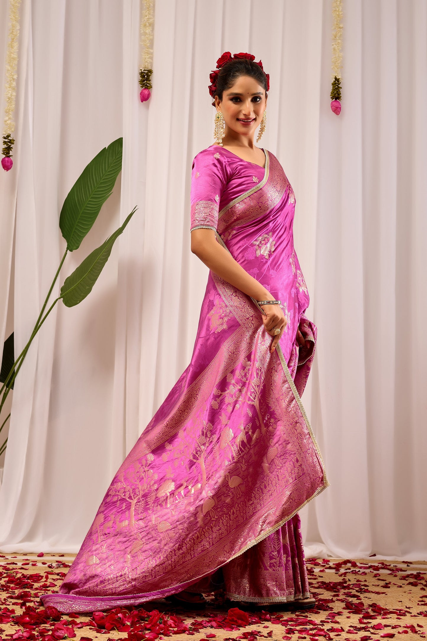 Royal Orchid Pink Satin Silk Saree with Intricate Gold Zari Border