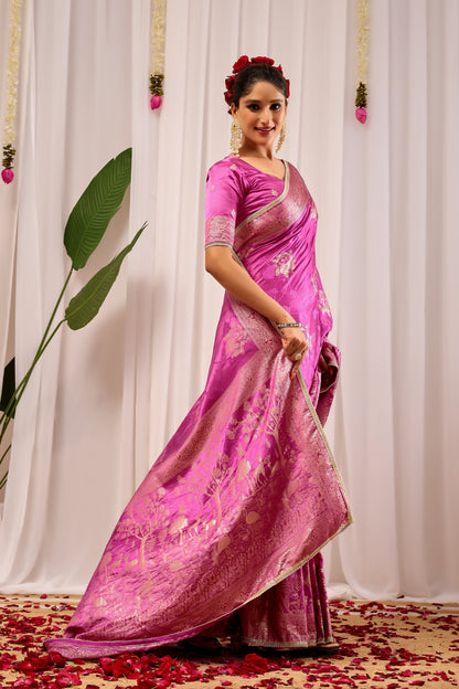 Royal Orchid Pink Satin Silk Saree with Intricate Gold Zari Border