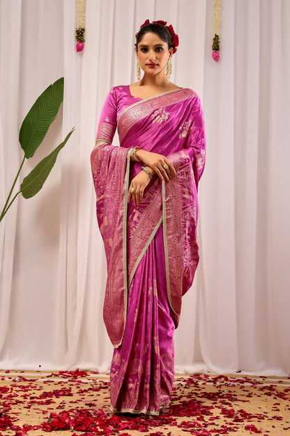 Royal Orchid Pink Satin Silk Saree with Intricate Gold Zari Border