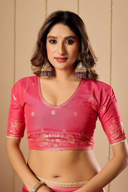 Elegant Rose Pink satin Silk Saree with Intricate Gold Zari Weaving and Traditional Motif Pallu