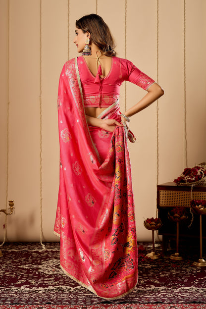 Elegant Rose Pink satin Silk Saree with Intricate Gold Zari Weaving and Traditional Motif Pallu