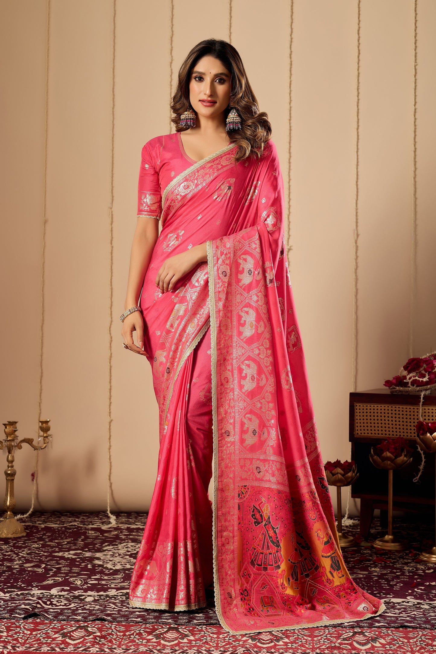 Elegant Rose Pink satin Silk Saree with Intricate Gold Zari Weaving and Traditional Motif Pallu