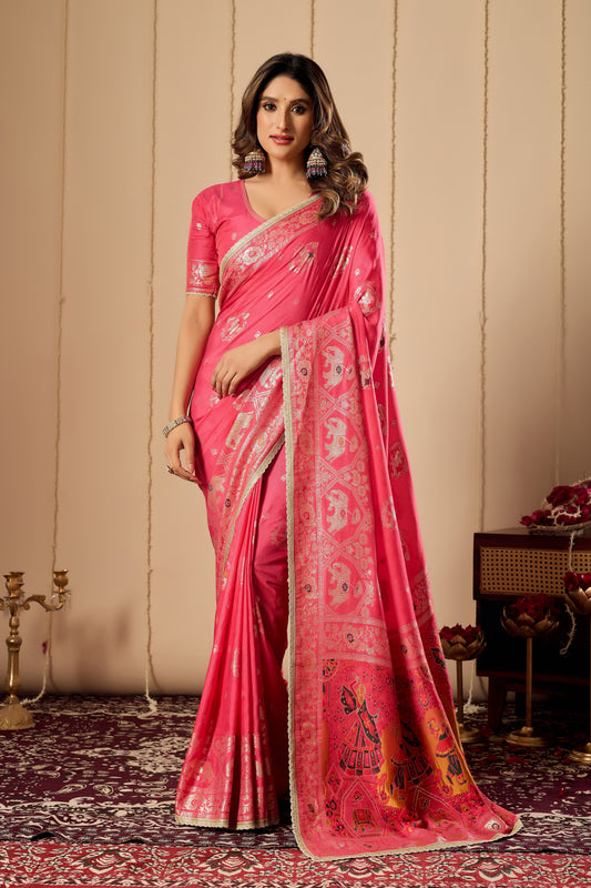 Elegant Rose Pink satin Silk Saree with Intricate Gold Zari Weaving and Traditional Motif Pallu
