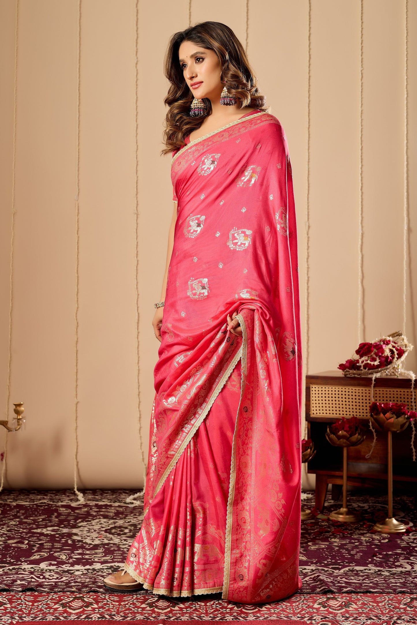 Elegant Rose Pink satin Silk Saree with Intricate Gold Zari Weaving and Traditional Motif Pallu