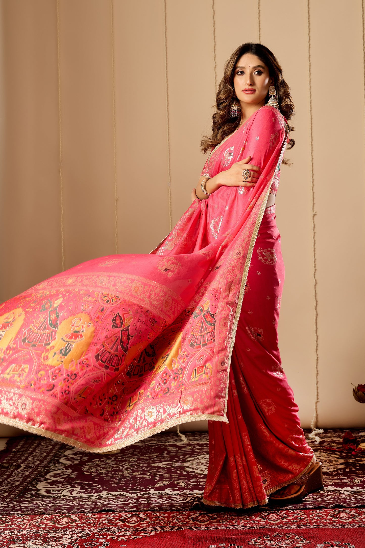 Elegant Rose Pink satin Silk Saree with Intricate Gold Zari Weaving and Traditional Motif Pallu