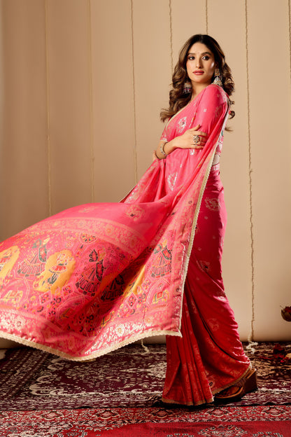 Elegant Rose Pink satin Silk Saree with Intricate Gold Zari Weaving and Traditional Motif Pallu