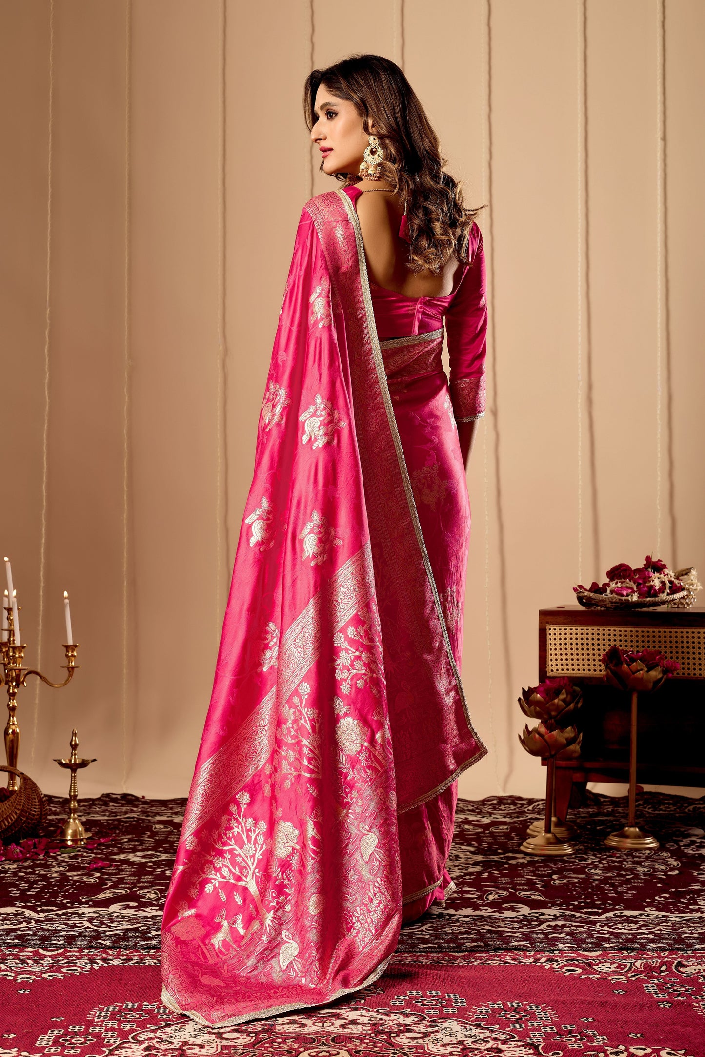 Vibrant Rani Pink  satin Silk Saree with Rich Gold Zari Weaving and Elegant Traditional Motifs
