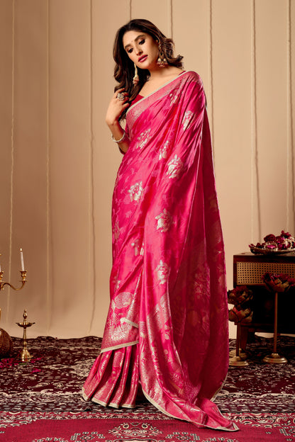 Vibrant Rani Pink  satin Silk Saree with Rich Gold Zari Weaving and Elegant Traditional Motifs