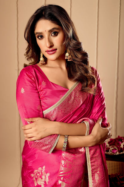 Vibrant Rani Pink  satin Silk Saree with Rich Gold Zari Weaving and Elegant Traditional Motifs