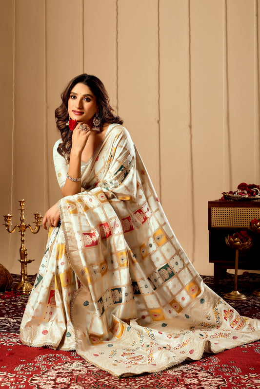 Ivory Pearl Satin Silk Saree with Multicolor Heritage Zari Motifs