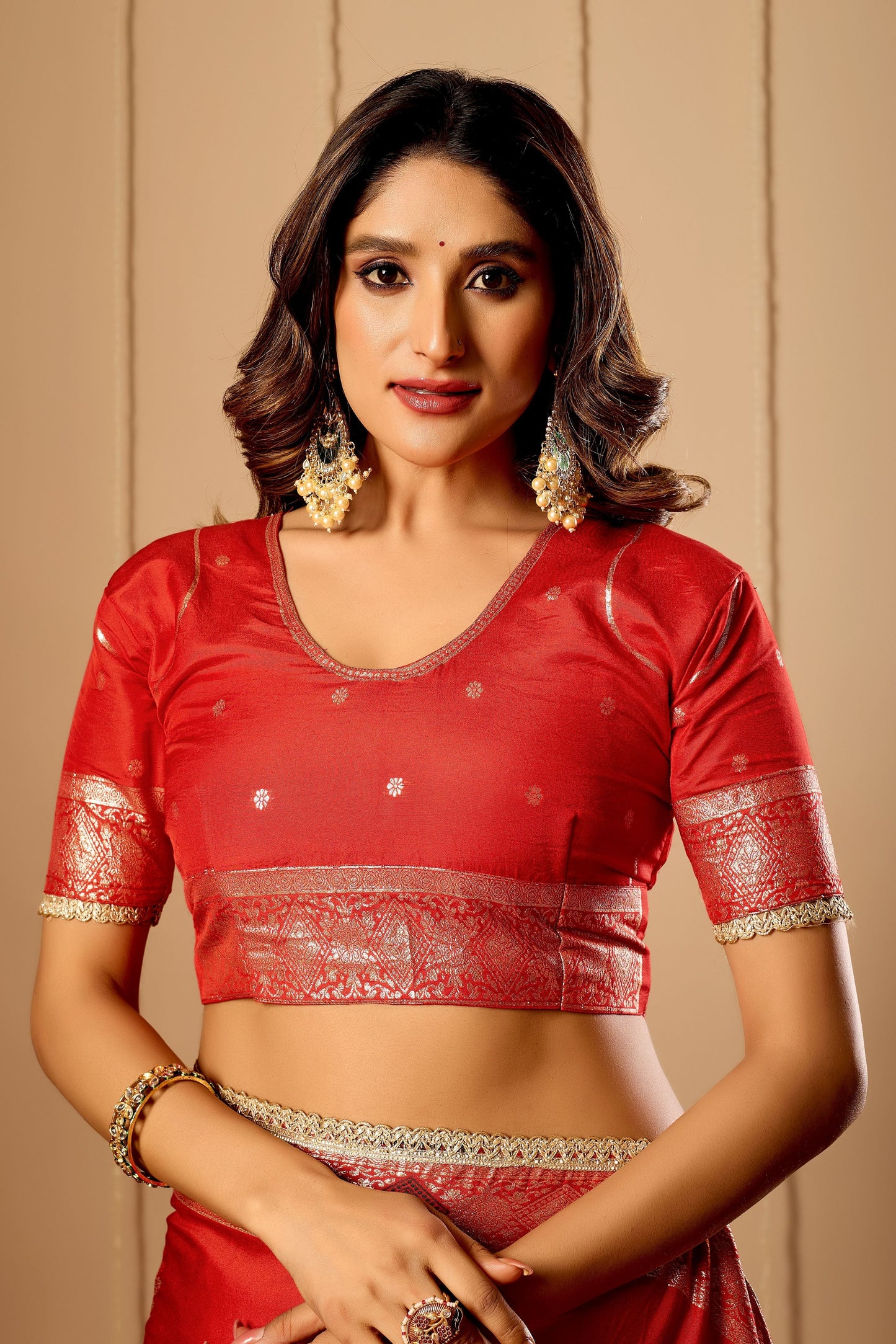 Crimson Vermilion Satin Silk Saree with Traditional Gold Zari Border