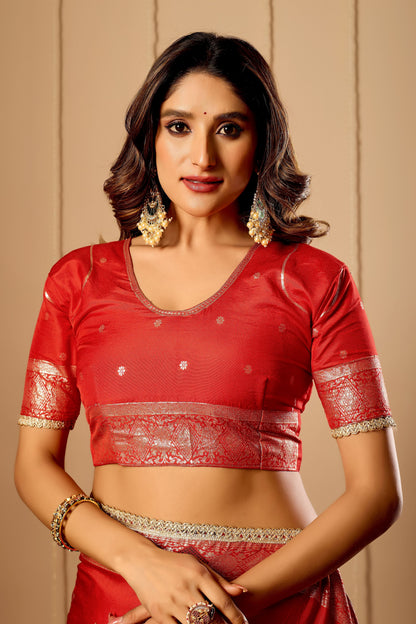 Crimson Vermilion Satin Silk Saree with Traditional Gold Zari Border