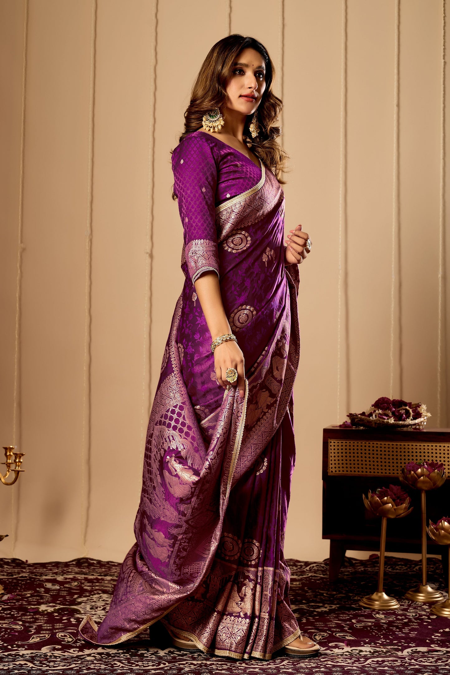 Regal Wine Purple Satin Silk Saree with Intricate Antique Gold Zari Weaving and Grand Traditional Pallu