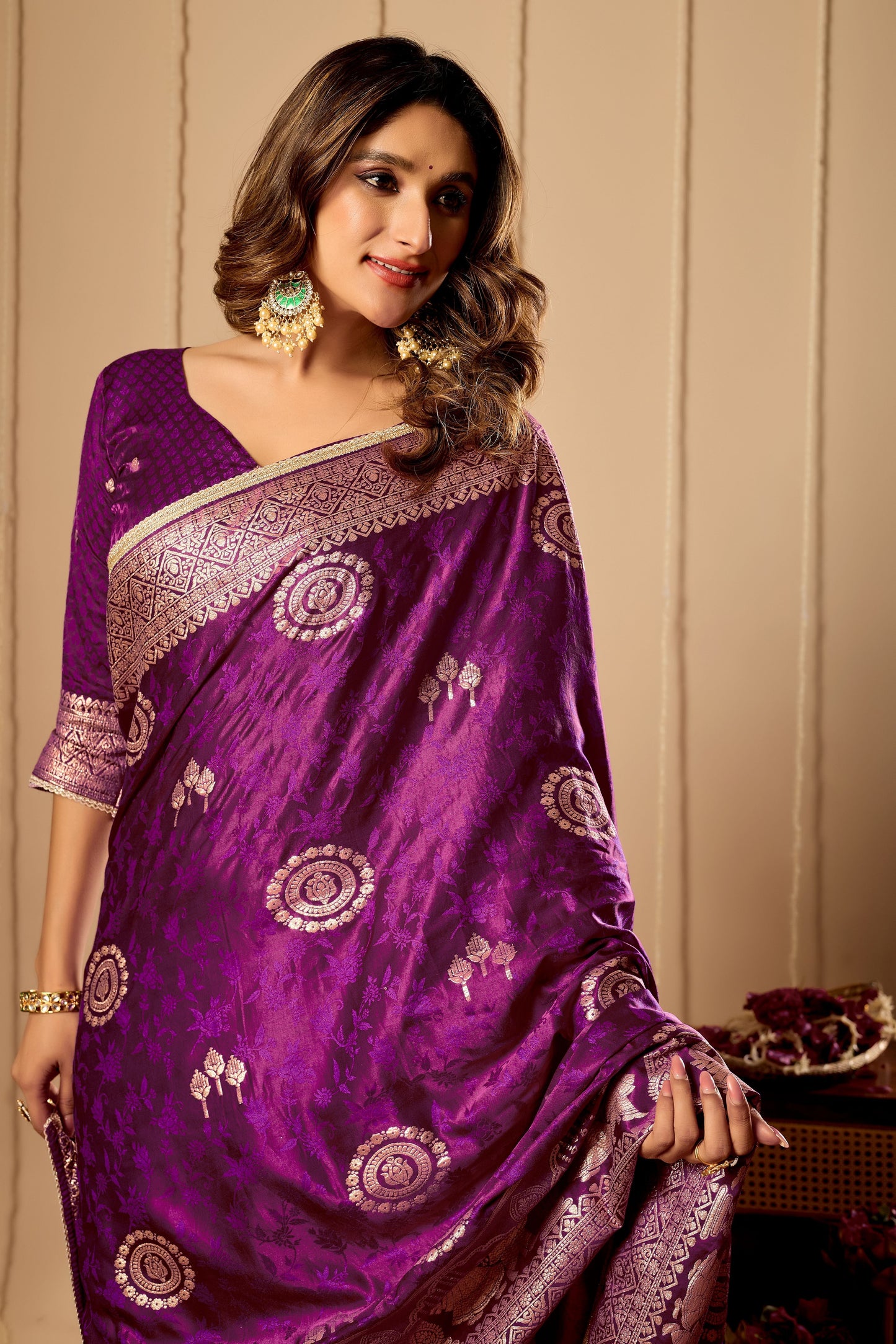 Regal Wine Purple Satin Silk Saree with Intricate Antique Gold Zari Weaving and Grand Traditional Pallu