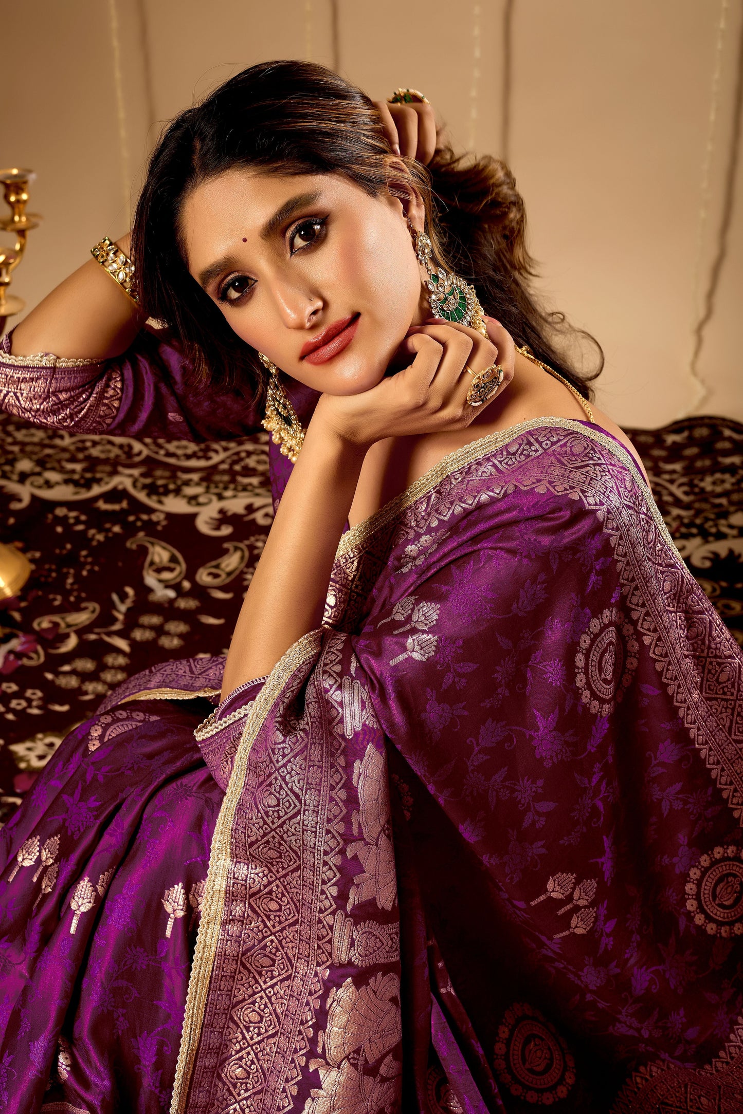Regal Wine Purple Satin Silk Saree with Intricate Antique Gold Zari Weaving and Grand Traditional Pallu