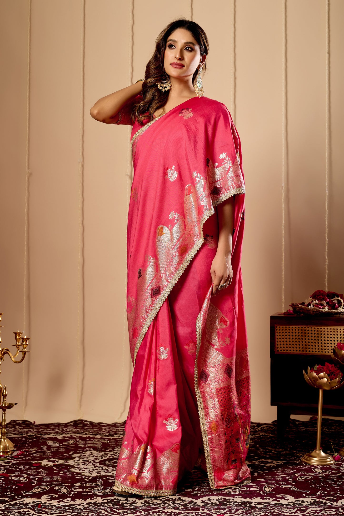 Radiant Rose Pink Satin Silk Saree with Antique Gold Zari Motifs and Ornate Traditional Pallu