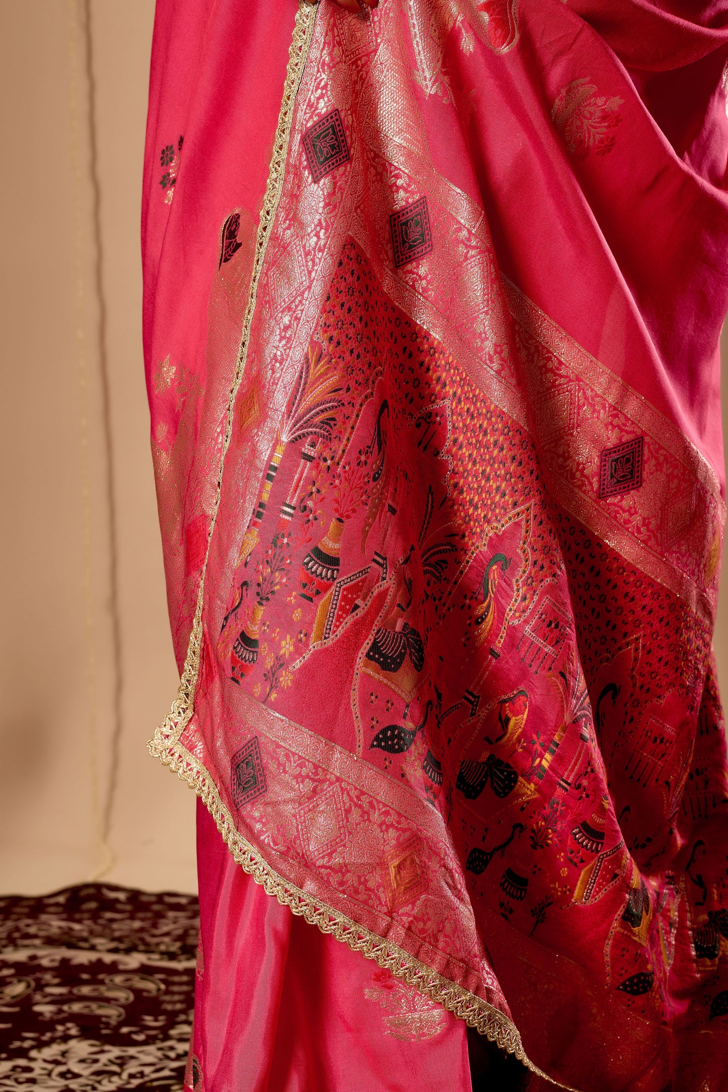 Radiant Rose Pink Satin Silk Saree with Antique Gold Zari Motifs and Ornate Traditional Pallu