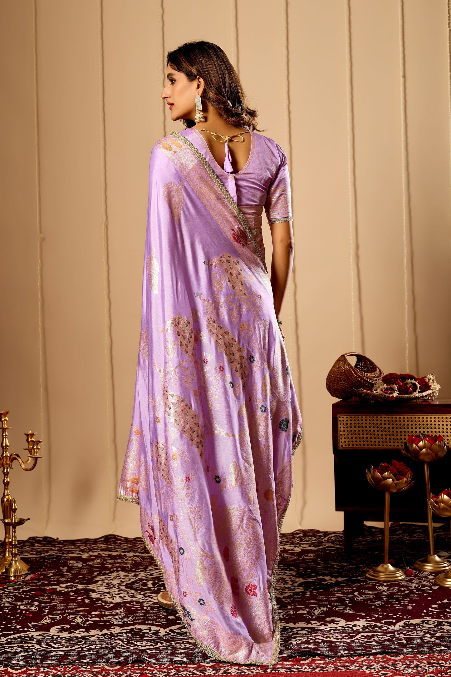 Lavender Royale Satin Silk Saree with Antique Gold Zari Weaving