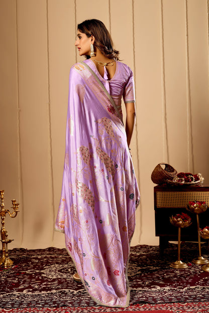 Lavender Royale Satin Silk Saree with Antique Gold Zari Weaving