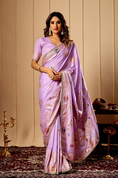 Lavender Royale Satin Silk Saree with Antique Gold Zari Weaving