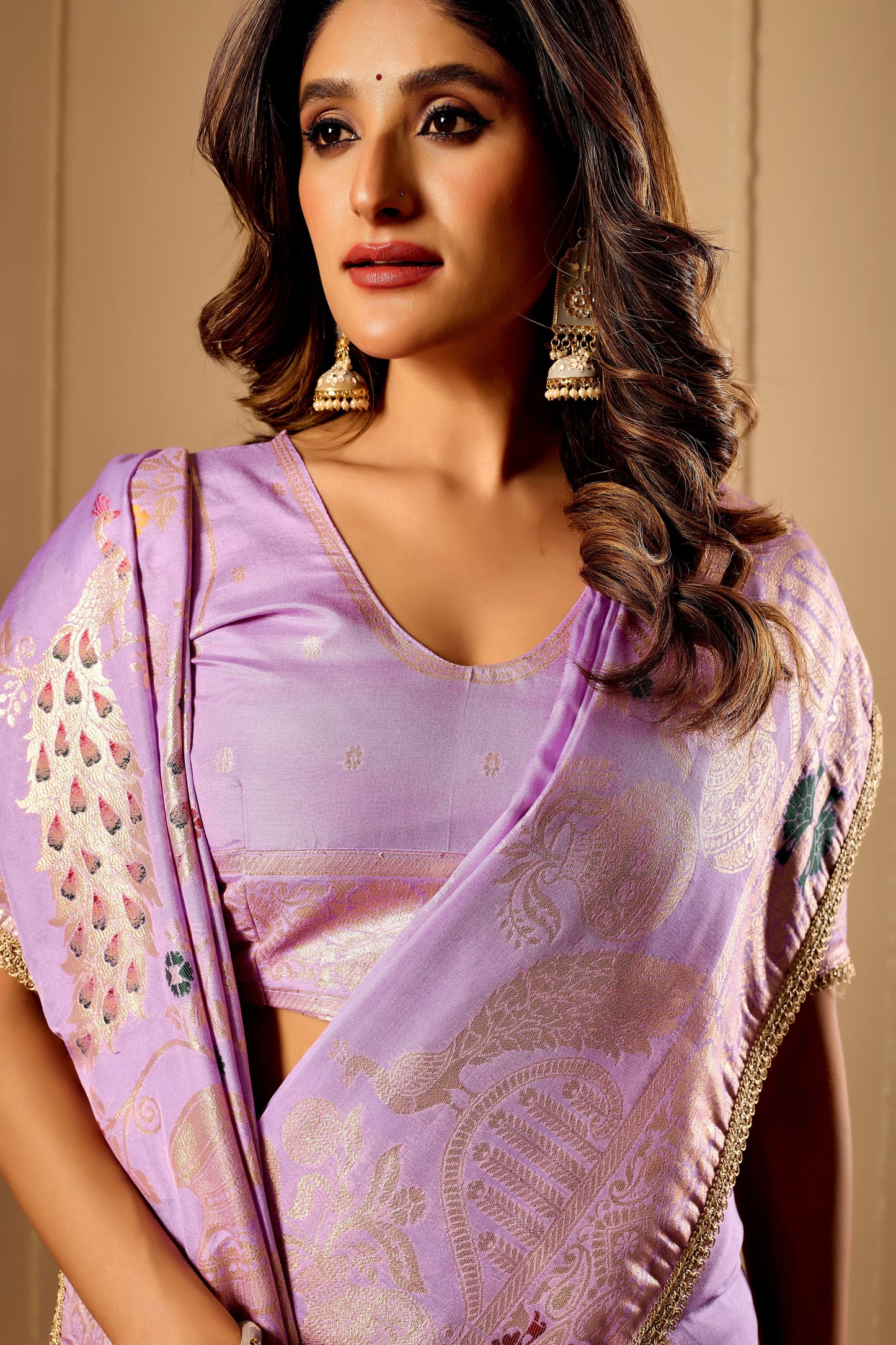 Lavender Royale Satin Silk Saree with Antique Gold Zari Weaving