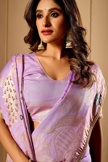 Lavender Royale Satin Silk Saree with Antique Gold Zari Weaving
