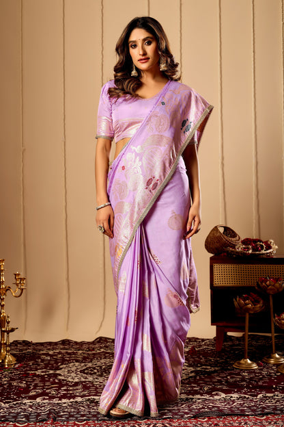 Lavender Royale Satin Silk Saree with Antique Gold Zari Weaving