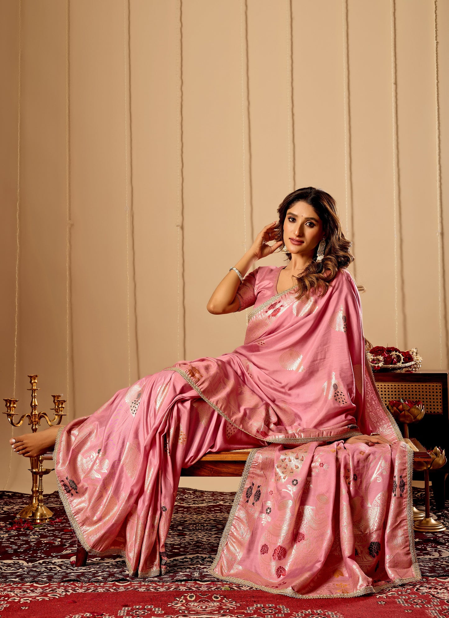 Soft Blush Pink  Satin Silk Saree with Antique Gold Zari Motifs