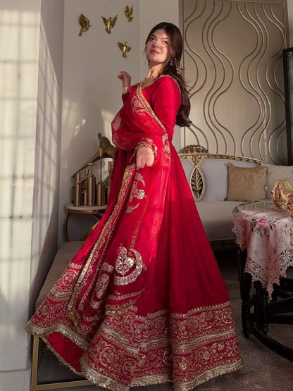 Chinon Silk Designer Anarkali Gown Dupatta Set