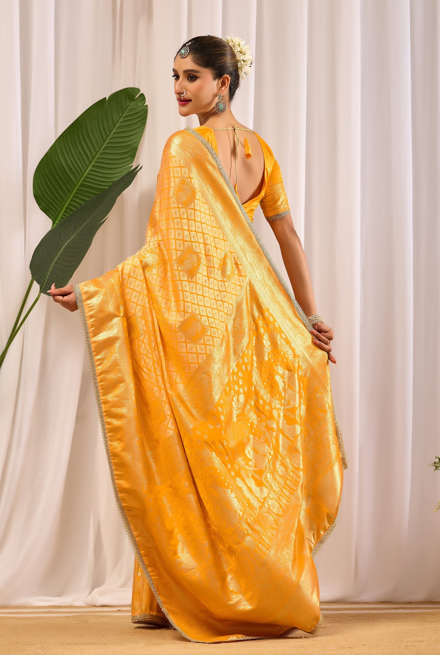 Golden Marigold Satin Silk Saree with Subtle Zari Check Weave