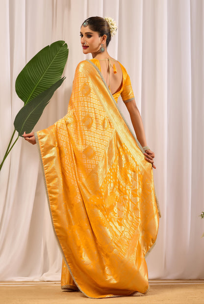 Golden Marigold Satin Silk Saree with Subtle Zari Check Weave