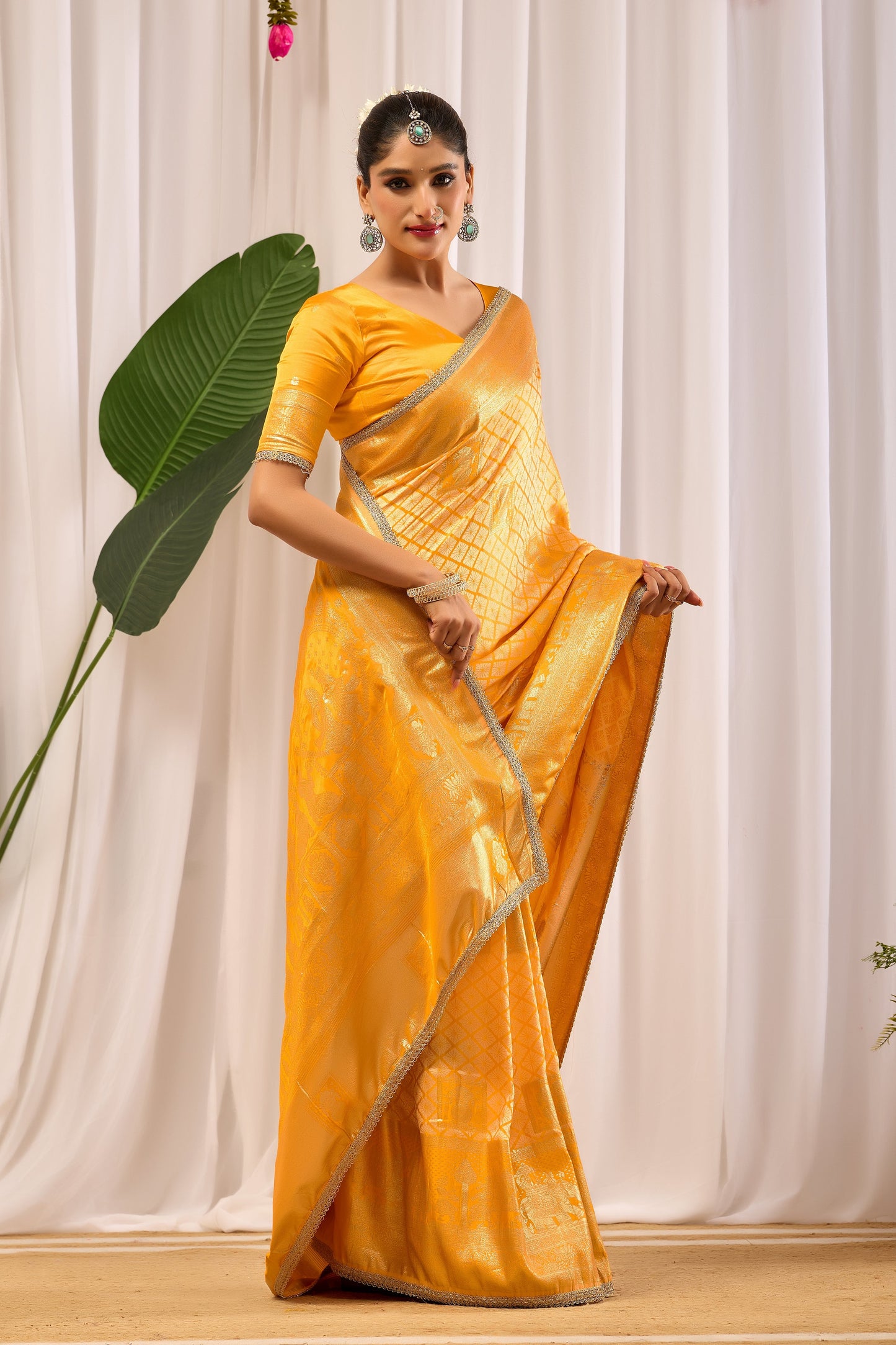 Golden Marigold Satin Silk Saree with Subtle Zari Check Weave