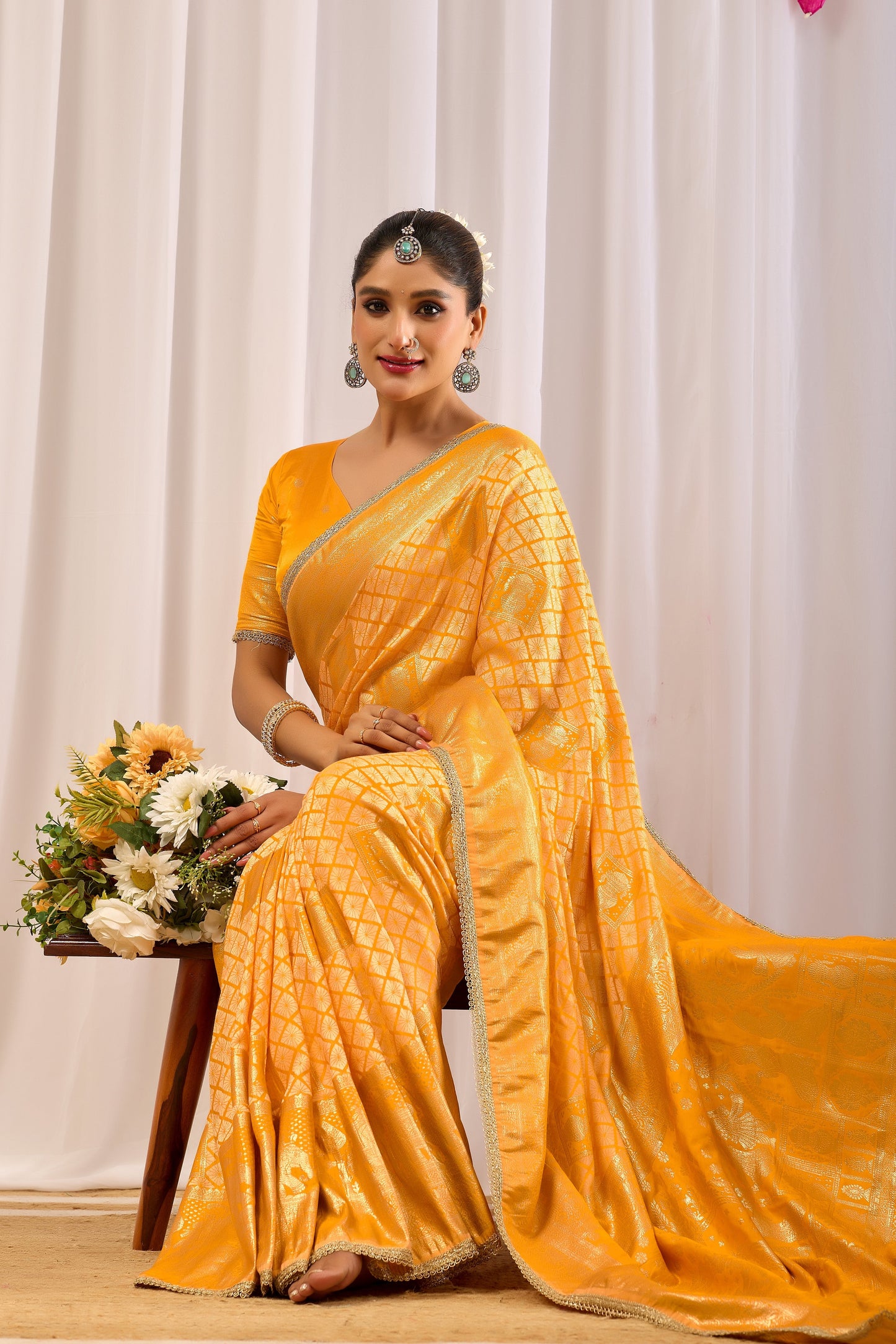 Golden Marigold Satin Silk Saree with Subtle Zari Check Weave