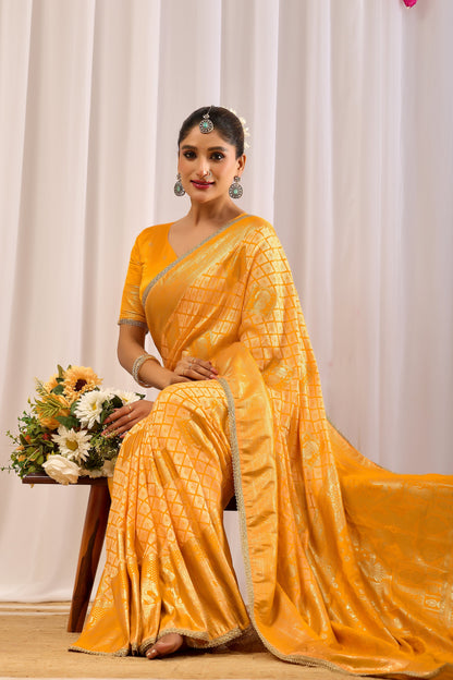 Golden Marigold Satin Silk Saree with Subtle Zari Check Weave