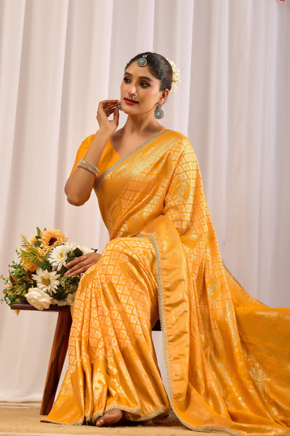Golden Marigold Satin Silk Saree with Subtle Zari Check Weave