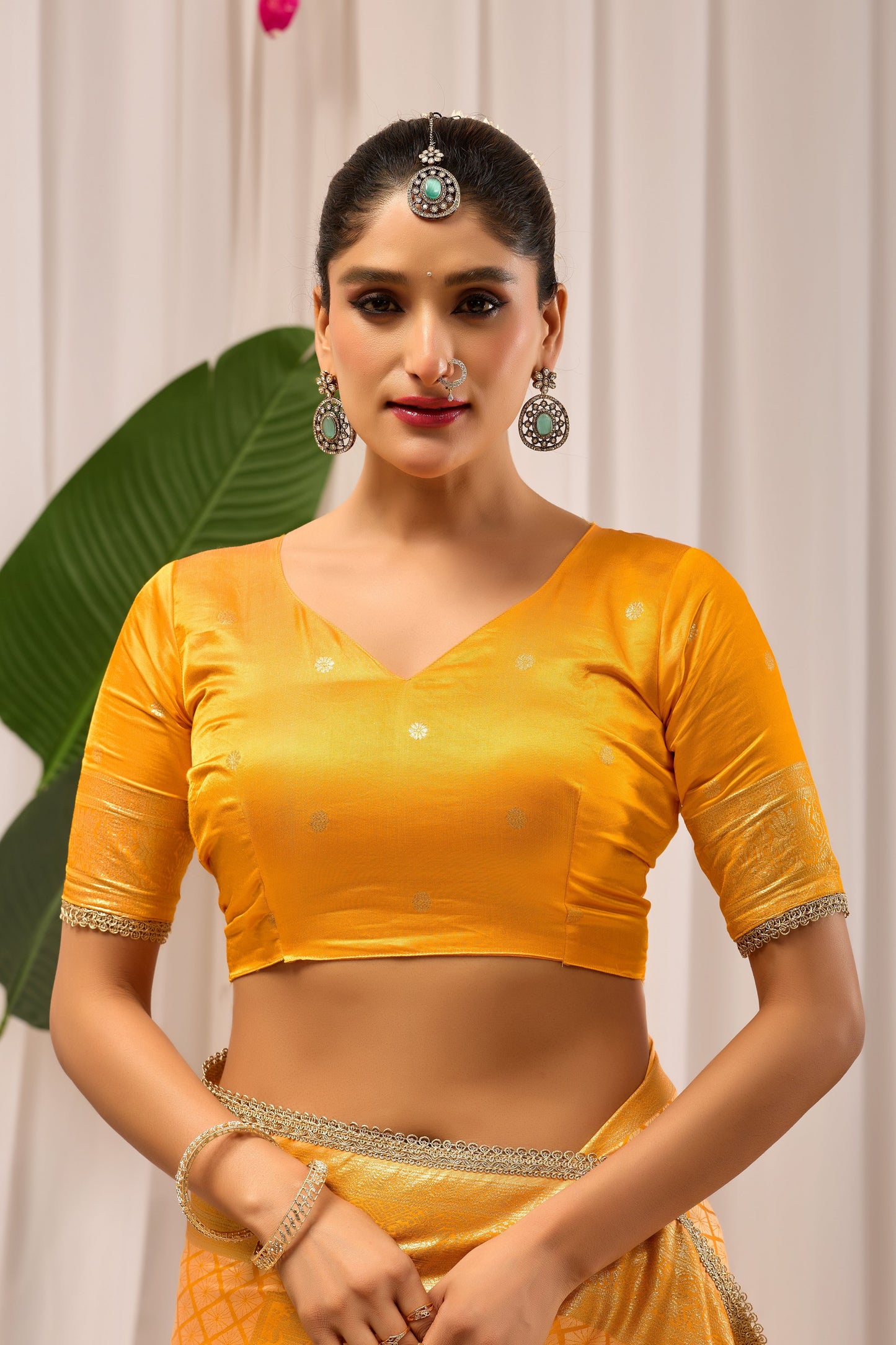 Golden Marigold Satin Silk Saree with Subtle Zari Check Weave