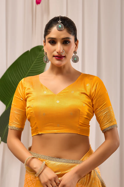Golden Marigold Satin Silk Saree with Subtle Zari Check Weave