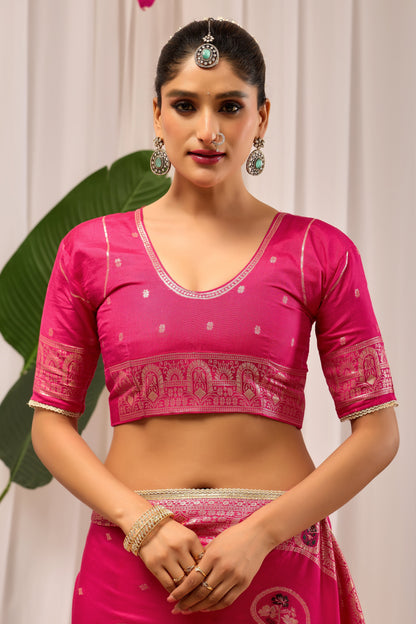 Rani Gulab Pink Satin Silk Saree with Intricate Gold Zari Motifs