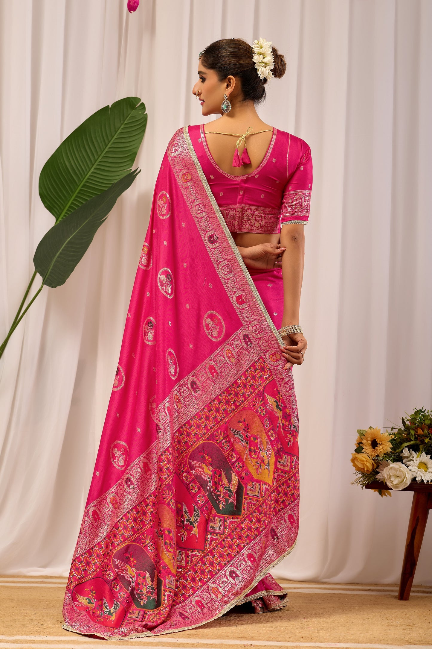 Rani Gulab Pink Satin Silk Saree with Intricate Gold Zari Motifs
