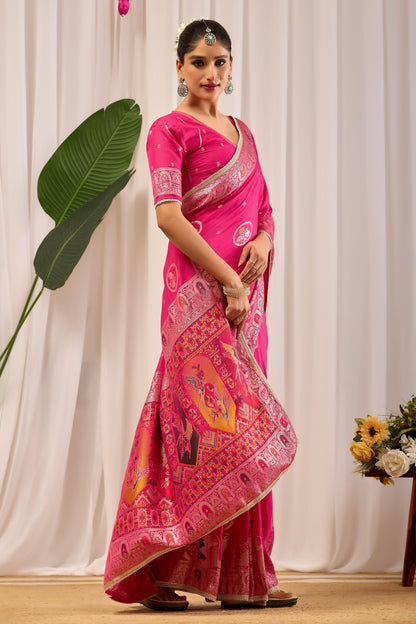 Rani Gulab Pink Satin Silk Saree with Intricate Gold Zari Motifs
