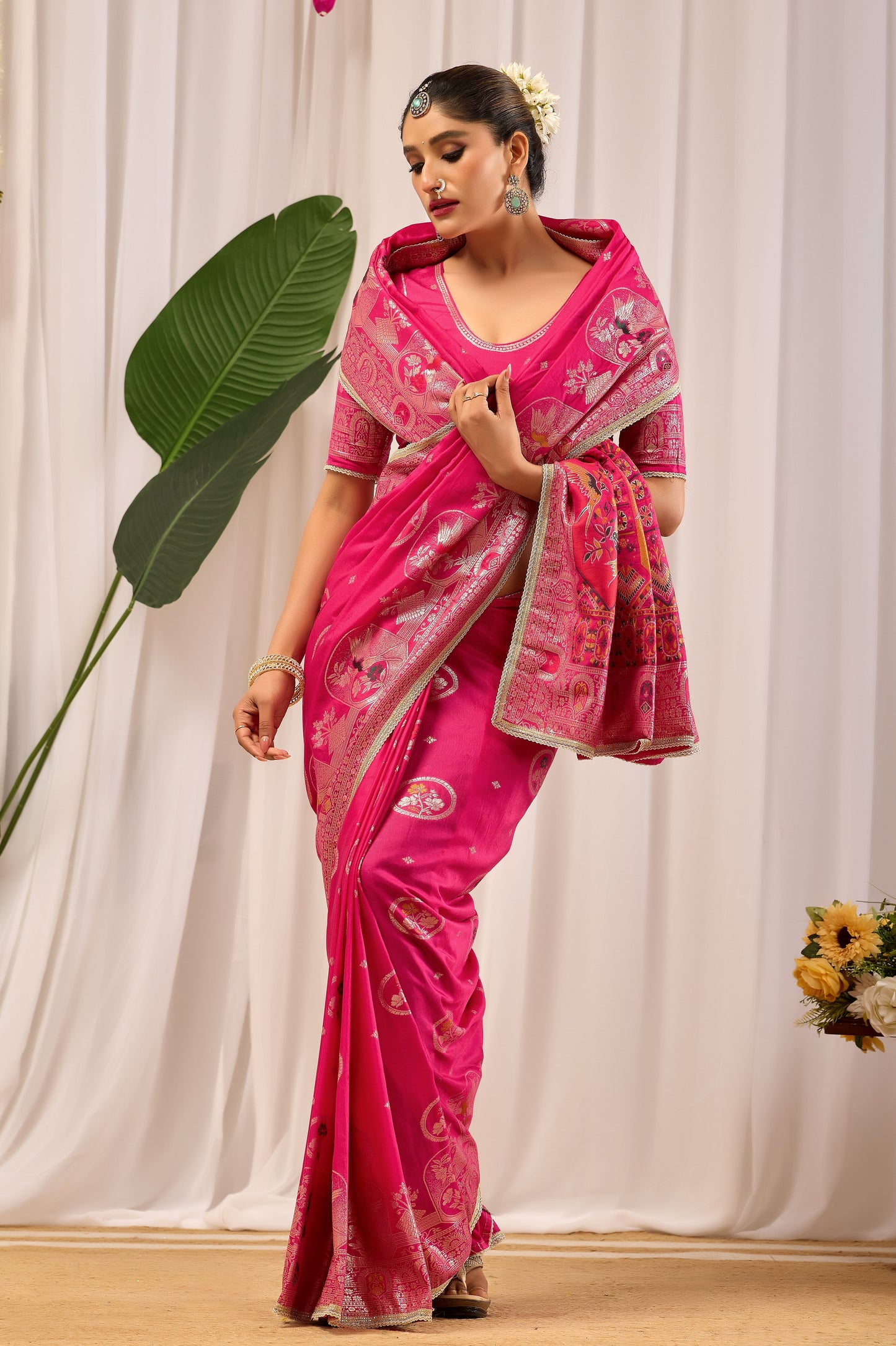 Rani Gulab Pink Satin Silk Saree with Intricate Gold Zari Motifs
