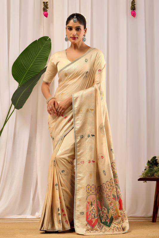 Ivory Sand Satin Silk Saree with Multicolor Heritage Motif Pallu