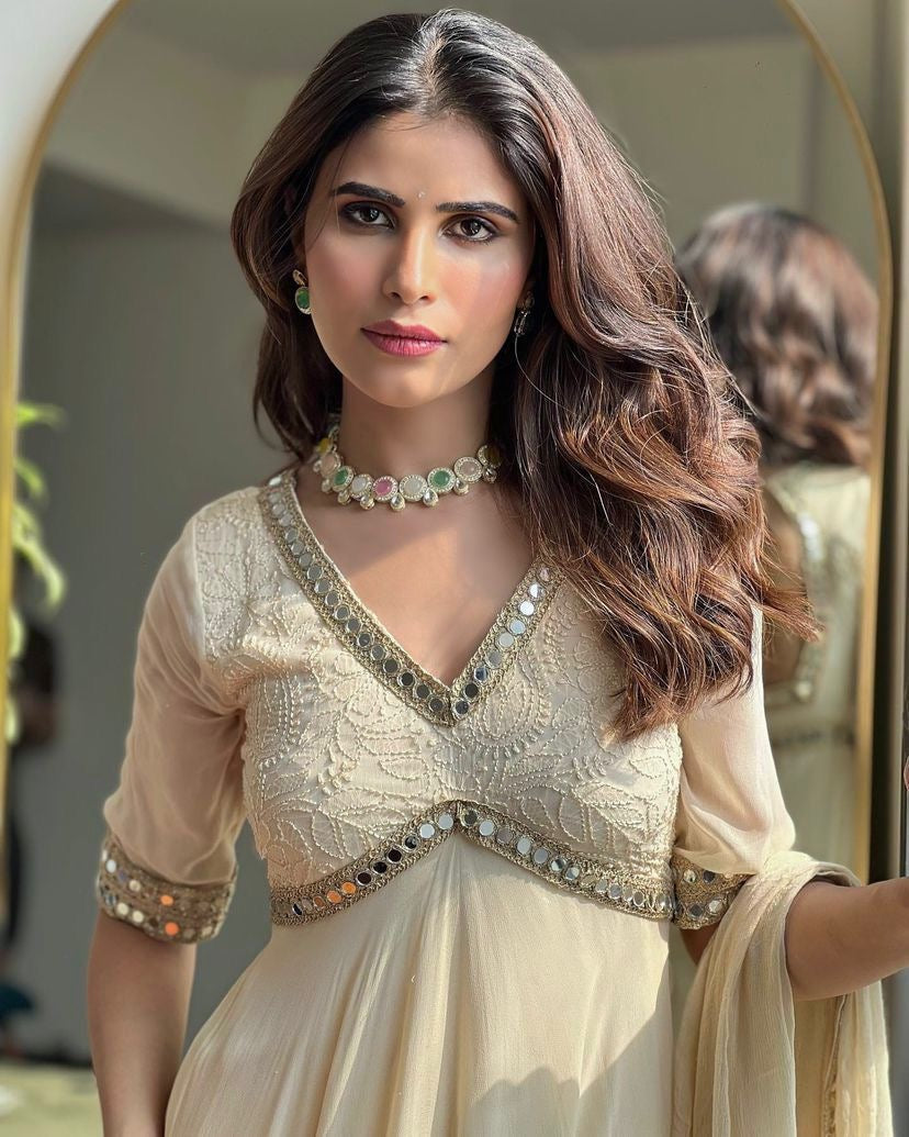 Faux Georgette Chikankari With Mirror Work Designer Anarkali Flair Gown Dupatta Set