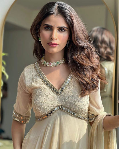 Faux Georgette Chikankari With Mirror Work Designer Anarkali Flair Gown Dupatta Set
